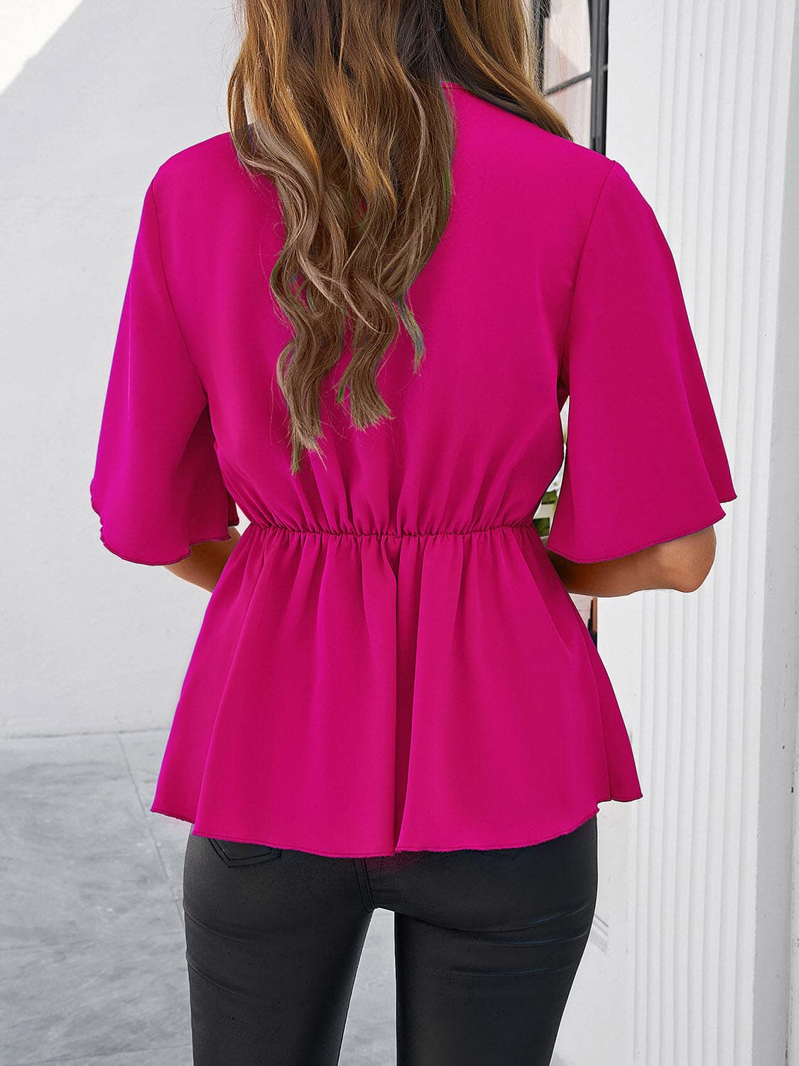 Surplice Tie Waist Half Sleeve Blouse.