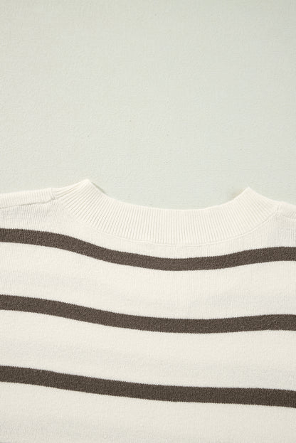 Brown Striped Crewneck Sweater Tee with Side Slits