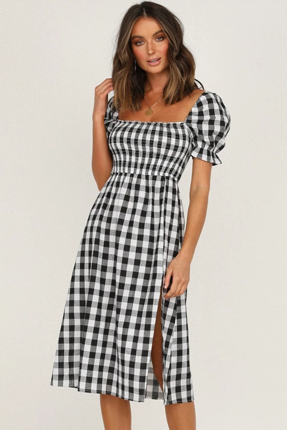 Full Size Slit Plaid Short Sleeve Midi Dress.