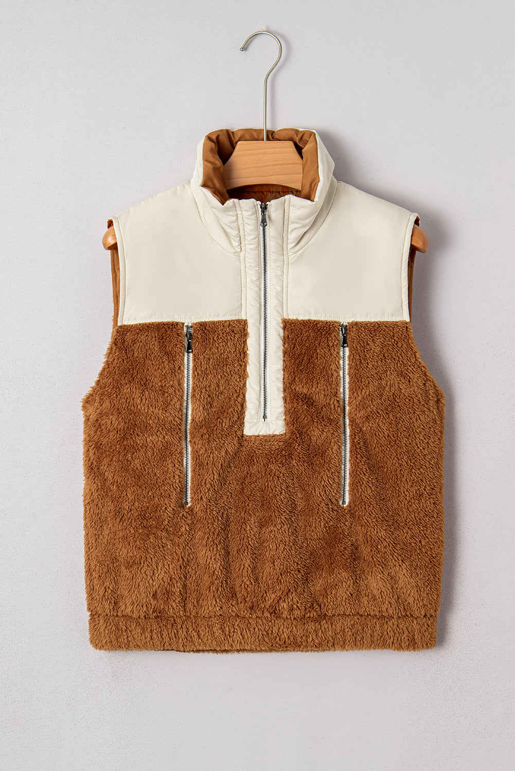 Chestnut Color Block Plush Patchwork Zipper Stand Neck Vest For Warm Winter Layering And Cozy Comfort Dear-Lover Dropshipping
