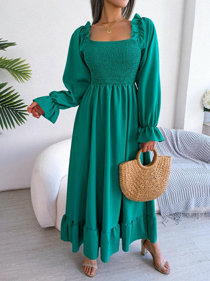 Smocked Square Neck Flounce Sleeve Dress.