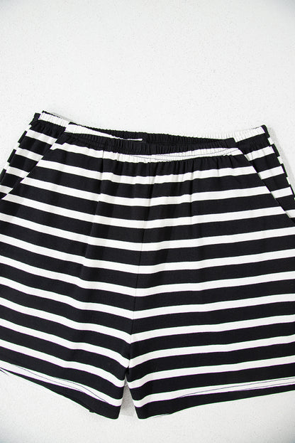 Black White Striped Short Sleeve Top and Shorts Set for Women