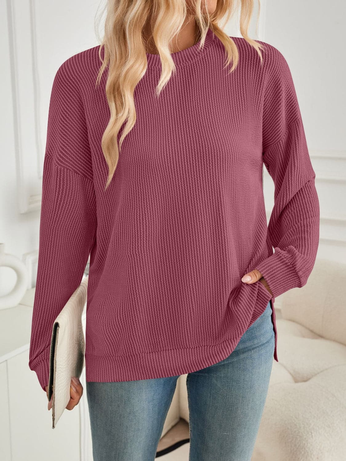 Slit Round Neck Long Sleeve Sweatshirt.