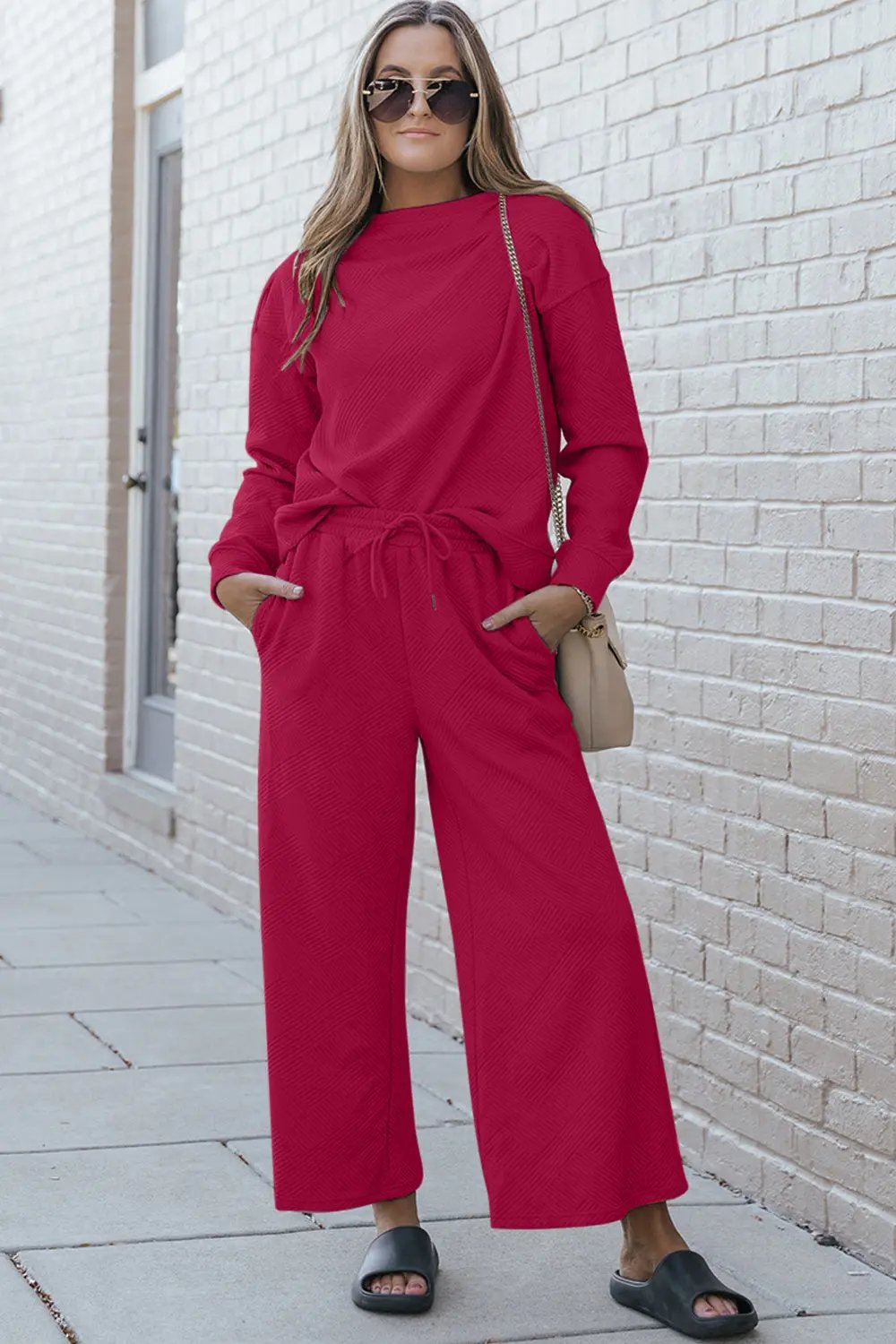 Double Take Full Size Textured Long Sleeve Top and Drawstring Pants Set - Love Salve