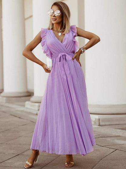 Tied Surplice Cap Sleeve Pleated Dress.