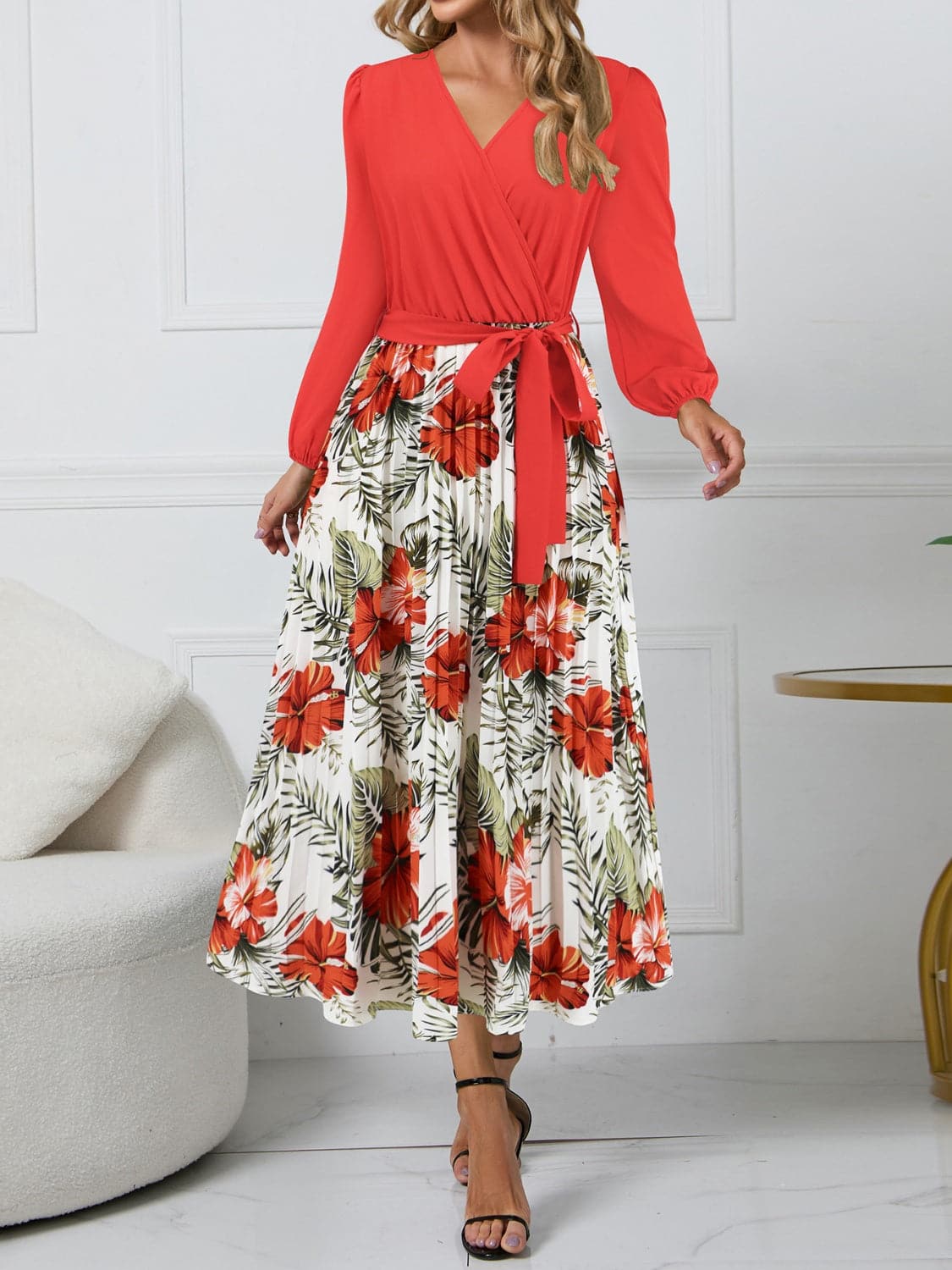 Pleated Printed Surplice Long Sleeve Dress.