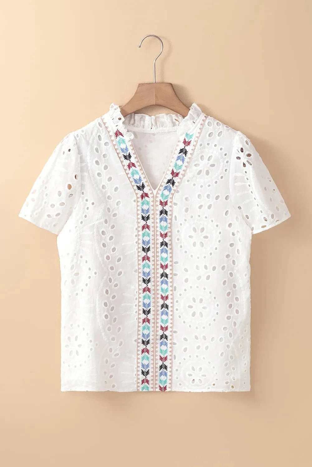 Eyelet Frill Short Sleeve Blouse.