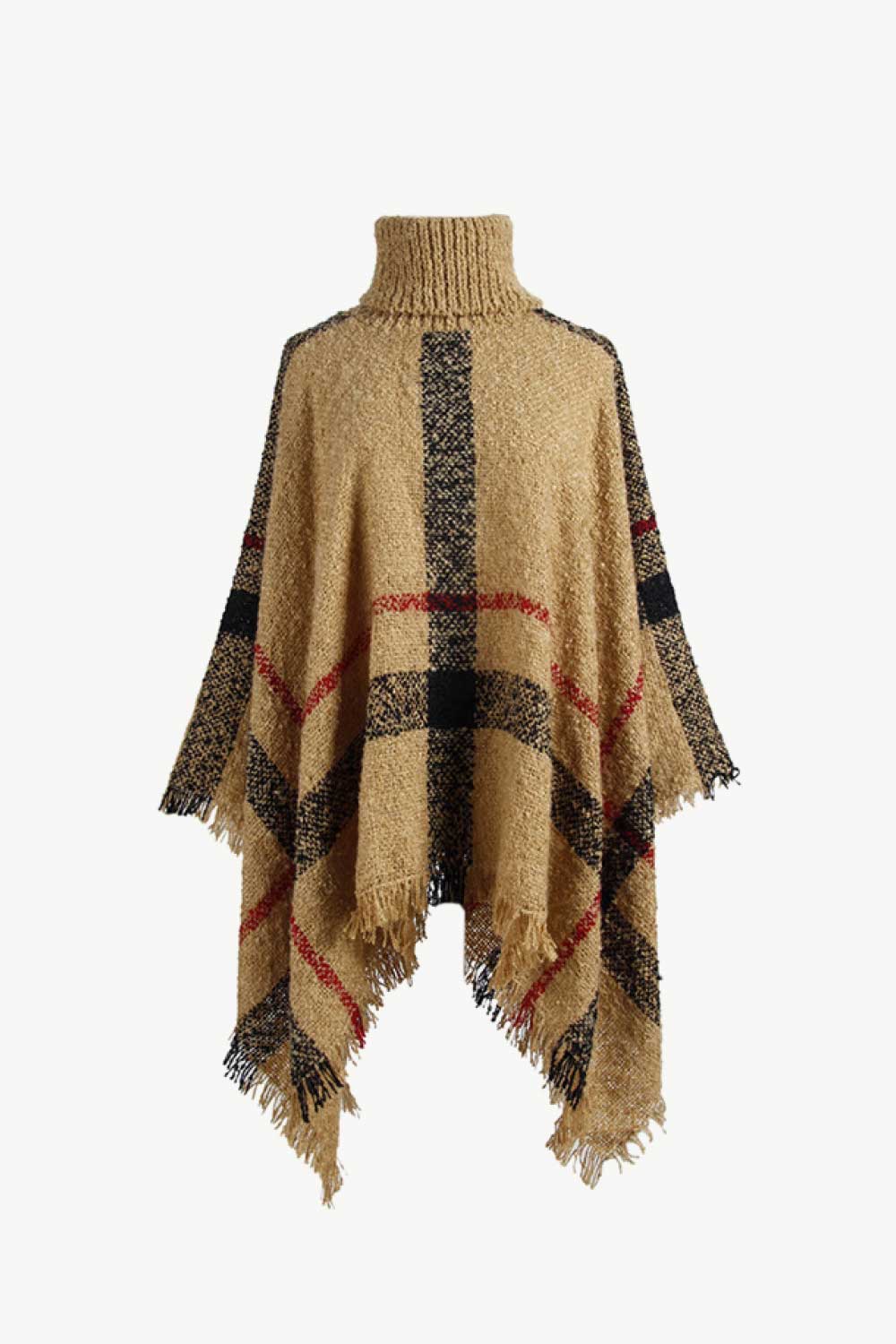 Plaid Turtleneck Raw Hem Poncho.