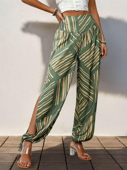 Smocked Slit Printed High Waist Pants.