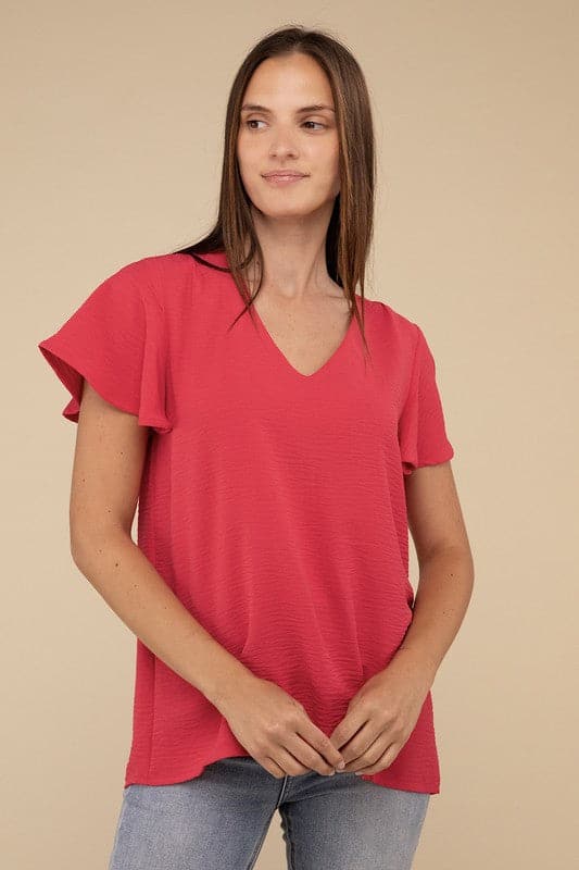 Woven Airflow Flutter Sleeve Top.