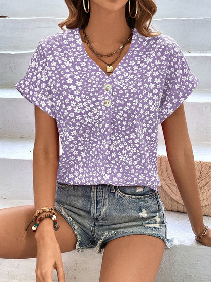 Printed V-Neck Short Sleeve Blouse.