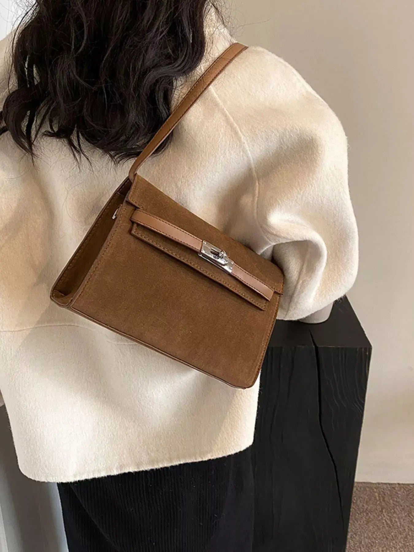 Solid Color Buckle Shoulder Bag Simply Love