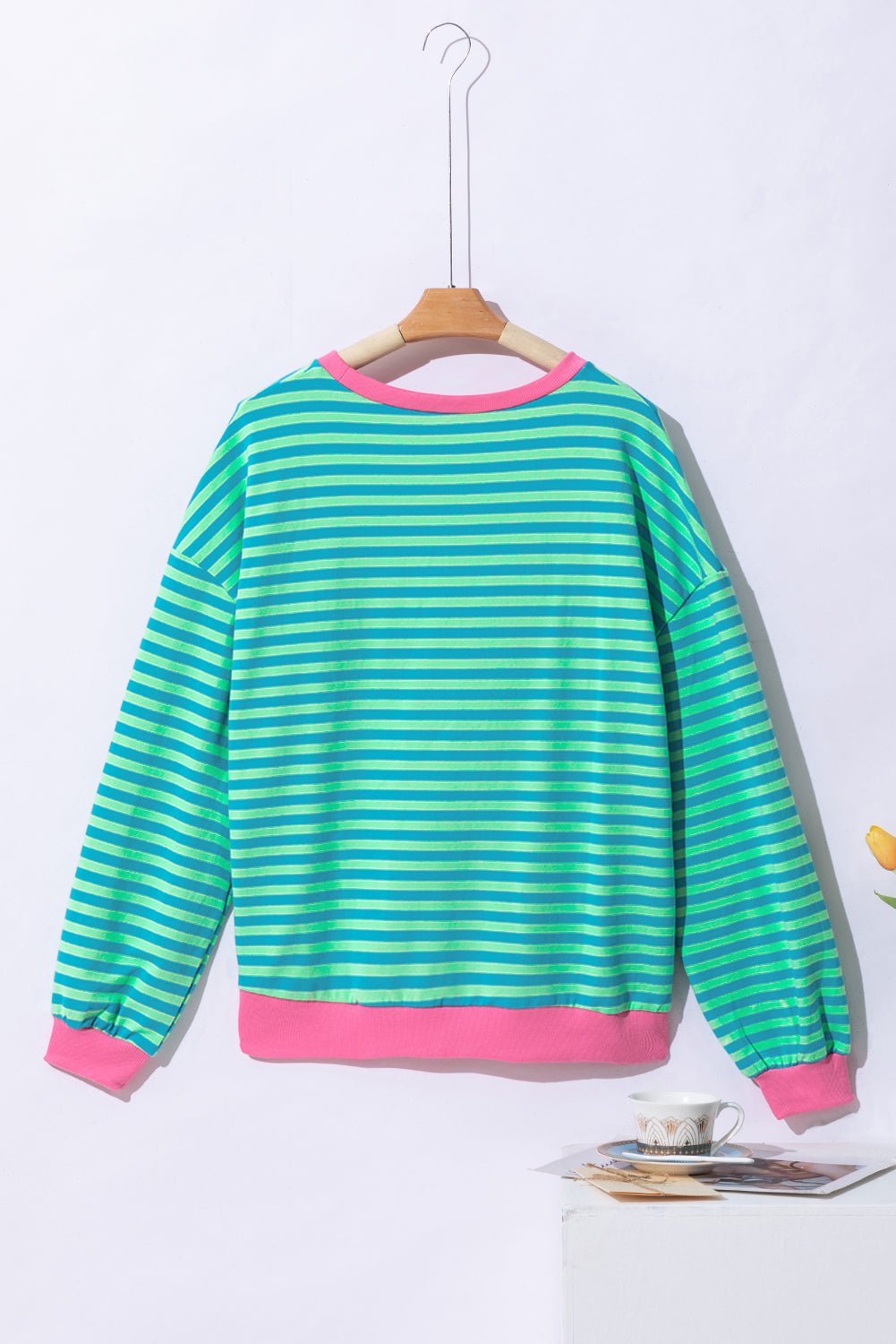 Casual sky blue striped oversized pullover with contrast trim