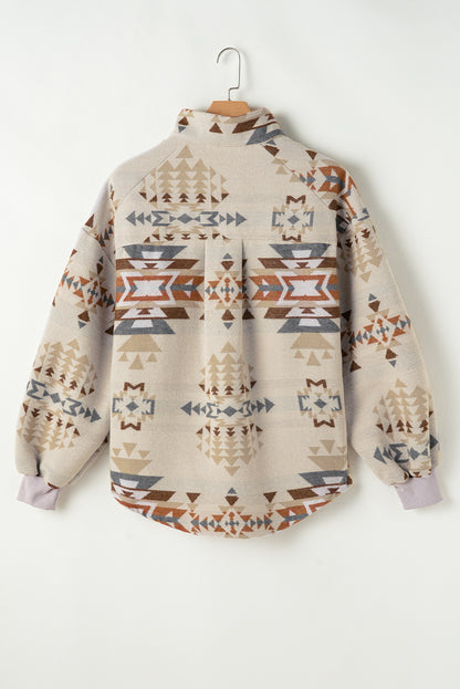 Chic apricot Aztec collared sweatshirt with flap pockets