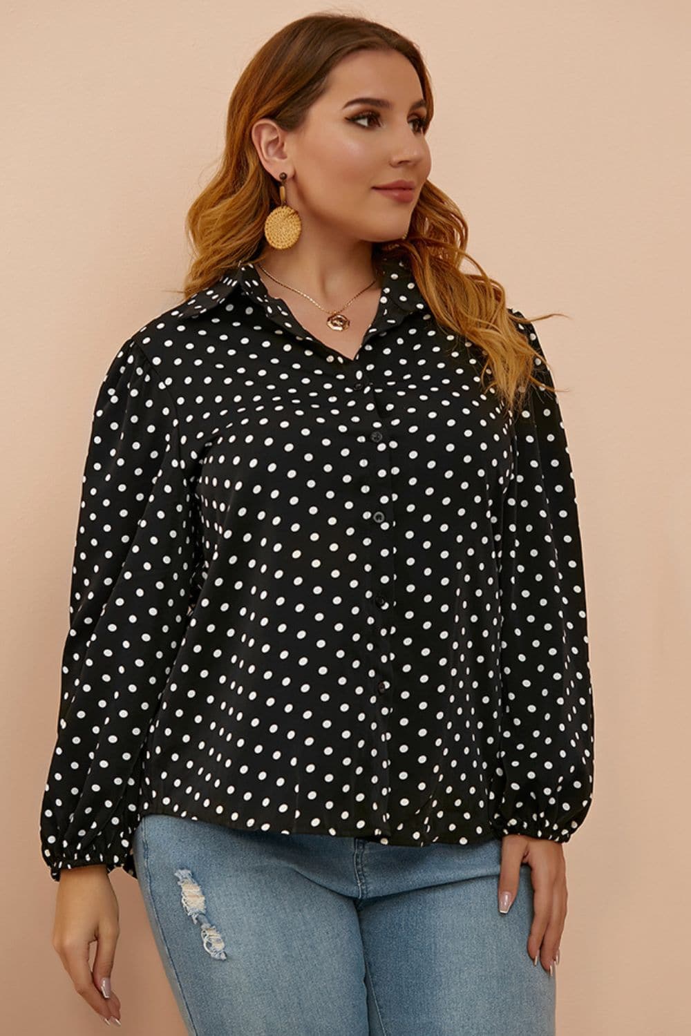 Plus Size Polka Dot Balloon Sleeve Shirt.