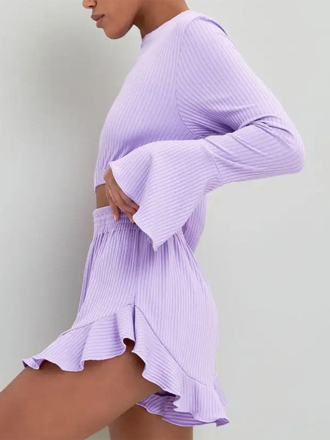 Round Neck Long Sleeve Top and Ruffled Shorts Set.