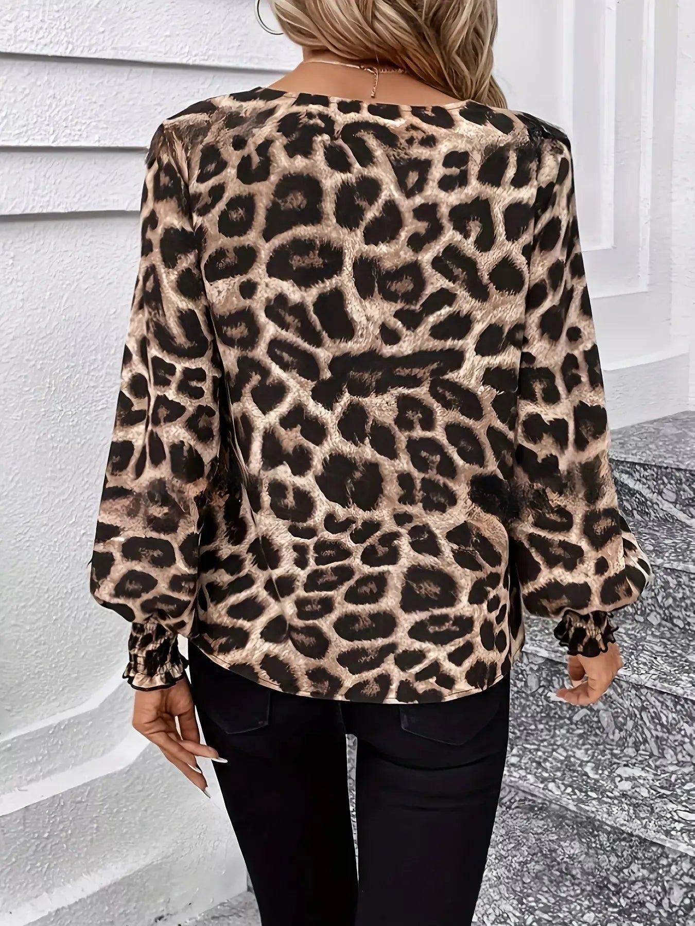 Leopard V-Neck Long Sleeve Blouse Simply Love