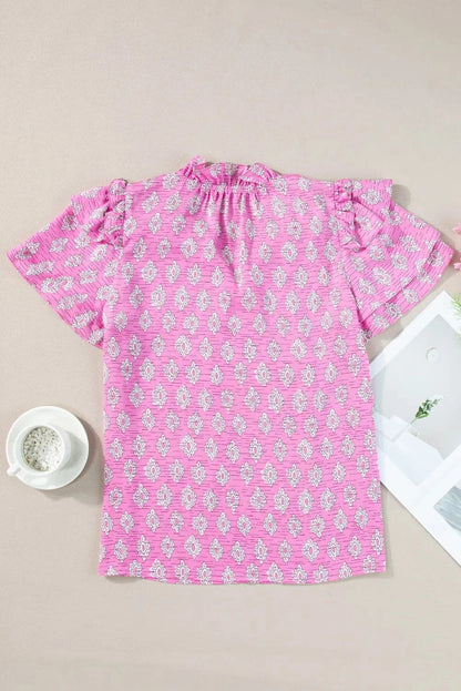 Ruffled Printed Tie Neck Short Sleeve Blouse.