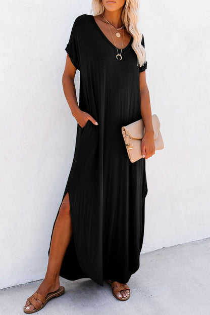 Elegant black v-neck maxi t-shirt dress with hidden pockets and stylish splits