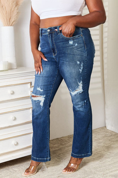 Judy Blue Full Size Mid Rise Hand Sand & Destroy Bootcut Jeans.