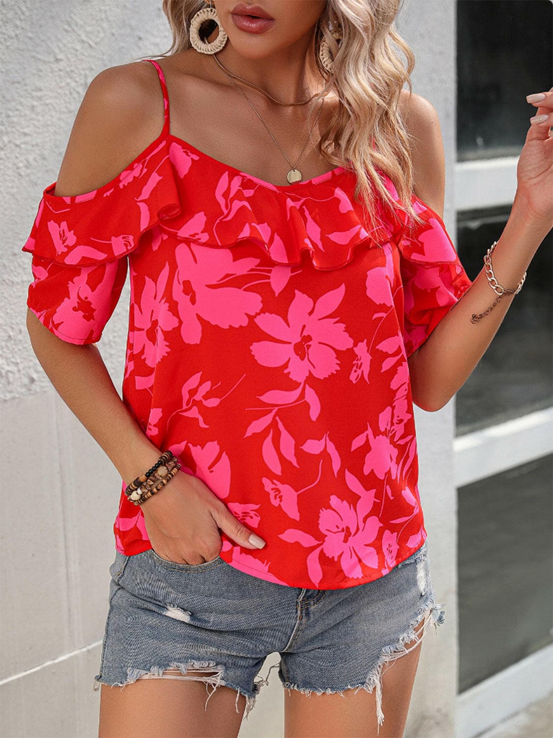 Ruffled Printed Short Sleeve Blouse.