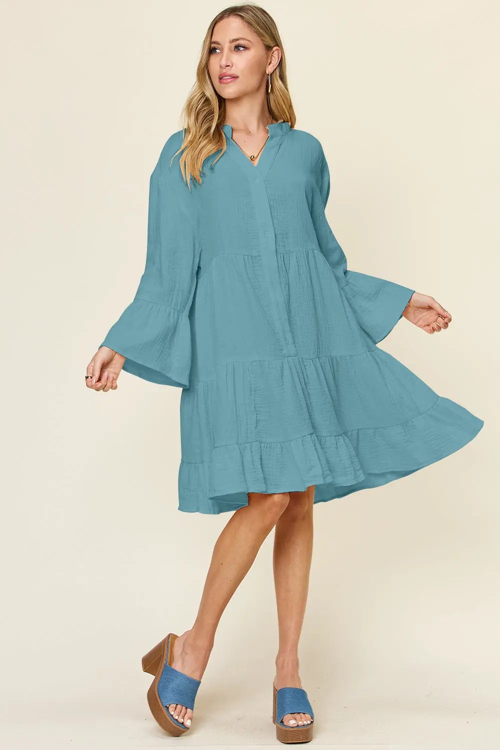 Double Take Full Size Texture Button Up Ruffle Hem Dress - Love Salve