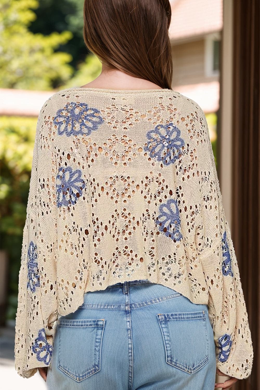 Openwork Round Neck Long Sleeve Knit Top.