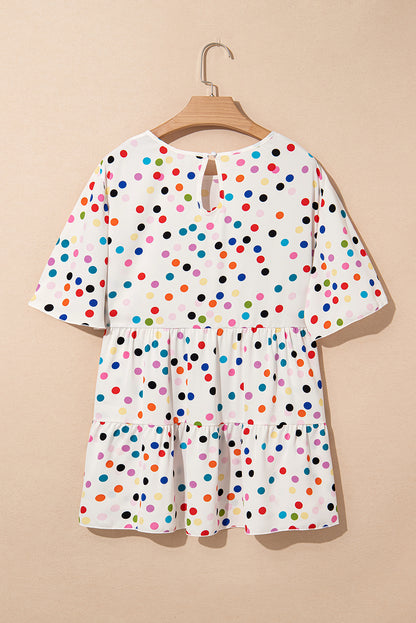 Beige Plus Size Babydoll Blouse with Colorful Polka Dot Print and Ruffled Short Sleeves