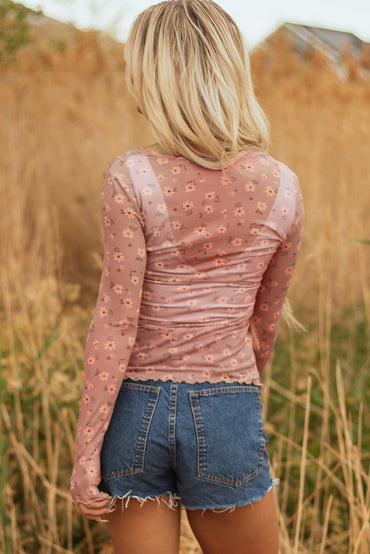 Premium Pink Vintage Floral Mesh Long Sleeve Top Southern Style