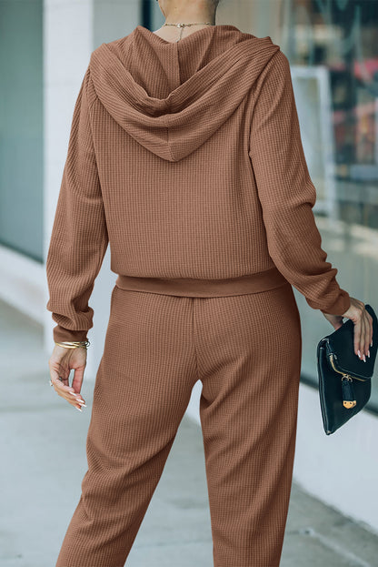 Cozy brown waffle knit zip-up hoodie and jogger set