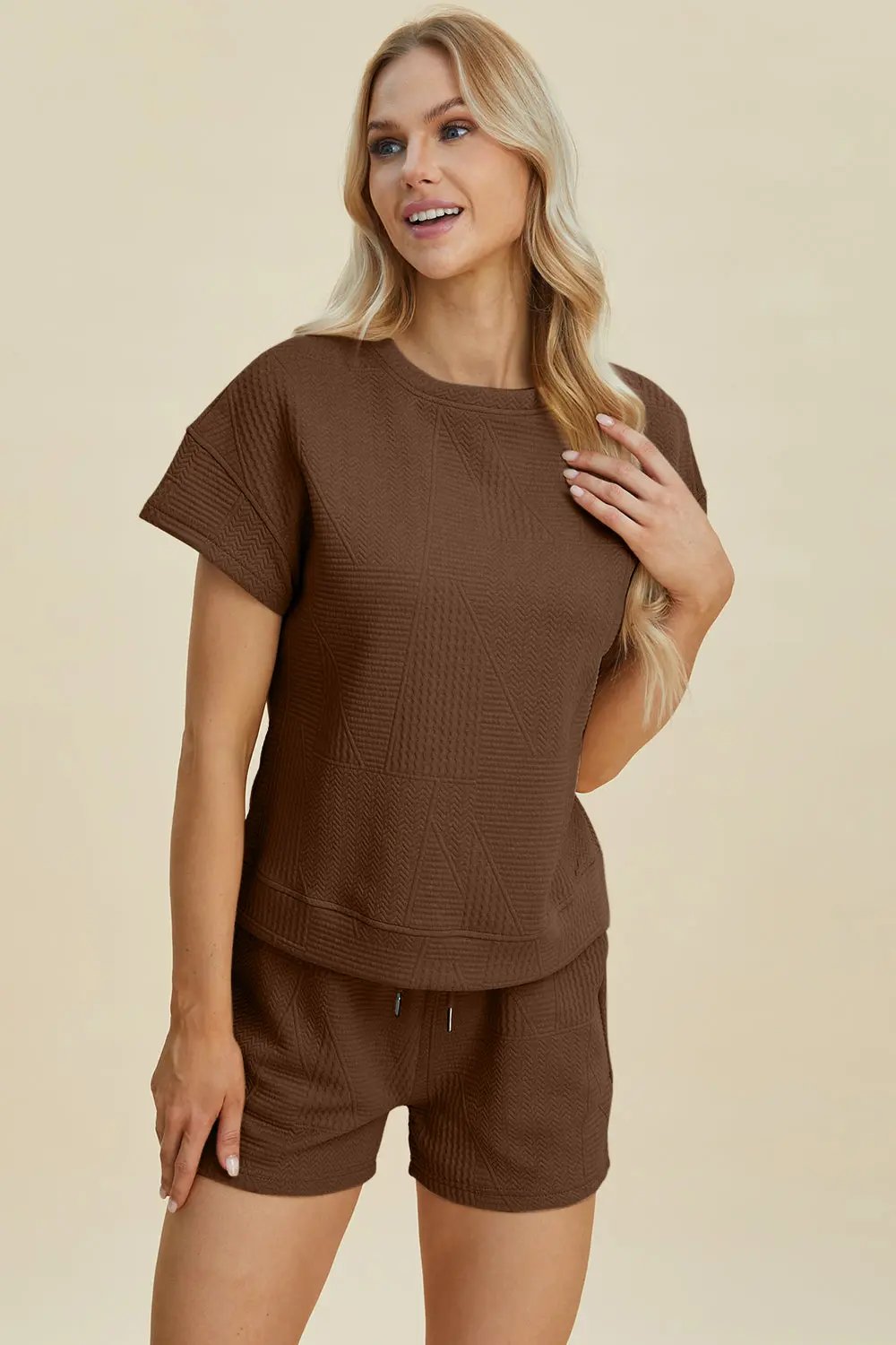 Double Take Full Size Texture Short Sleeve Top and Shorts Set - Love Salve