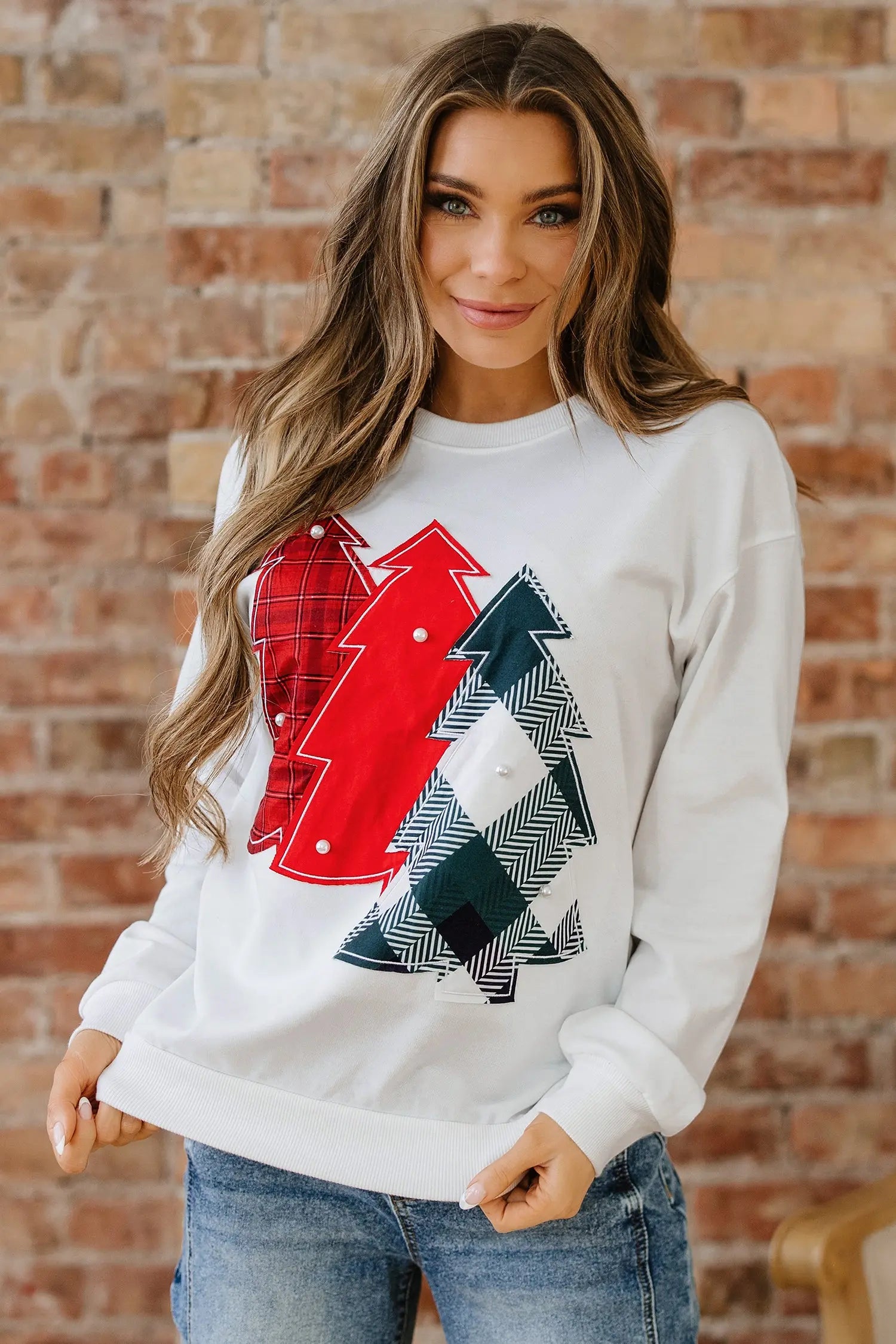 White Pearl Plaid Christmas Tree Patched Drop Shoulder Sweatshirt Dear-Lover Dropshipping