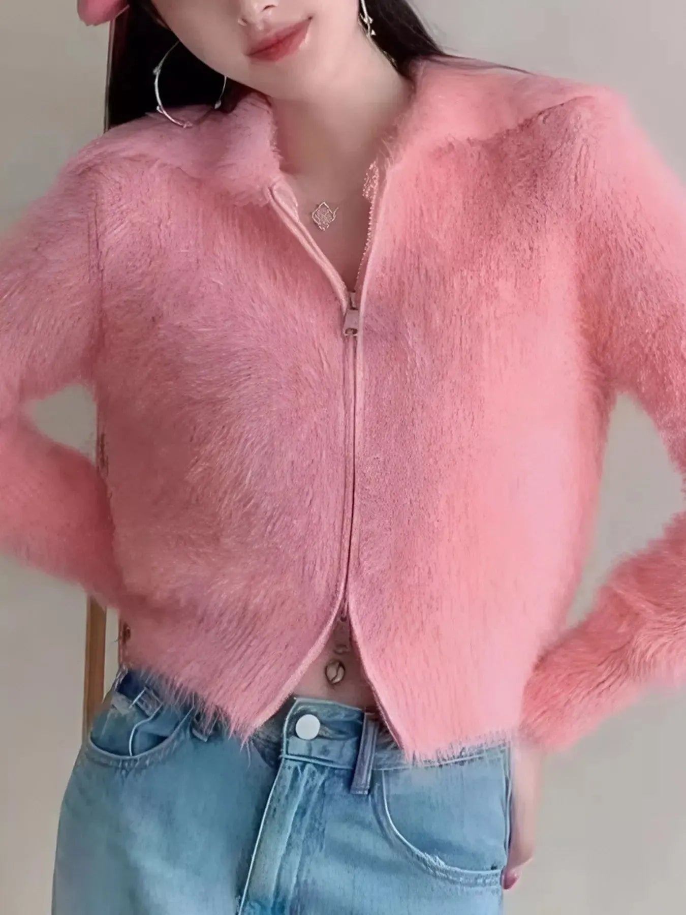 Fluffy Knit Zip-Up Outerwear Simply Love