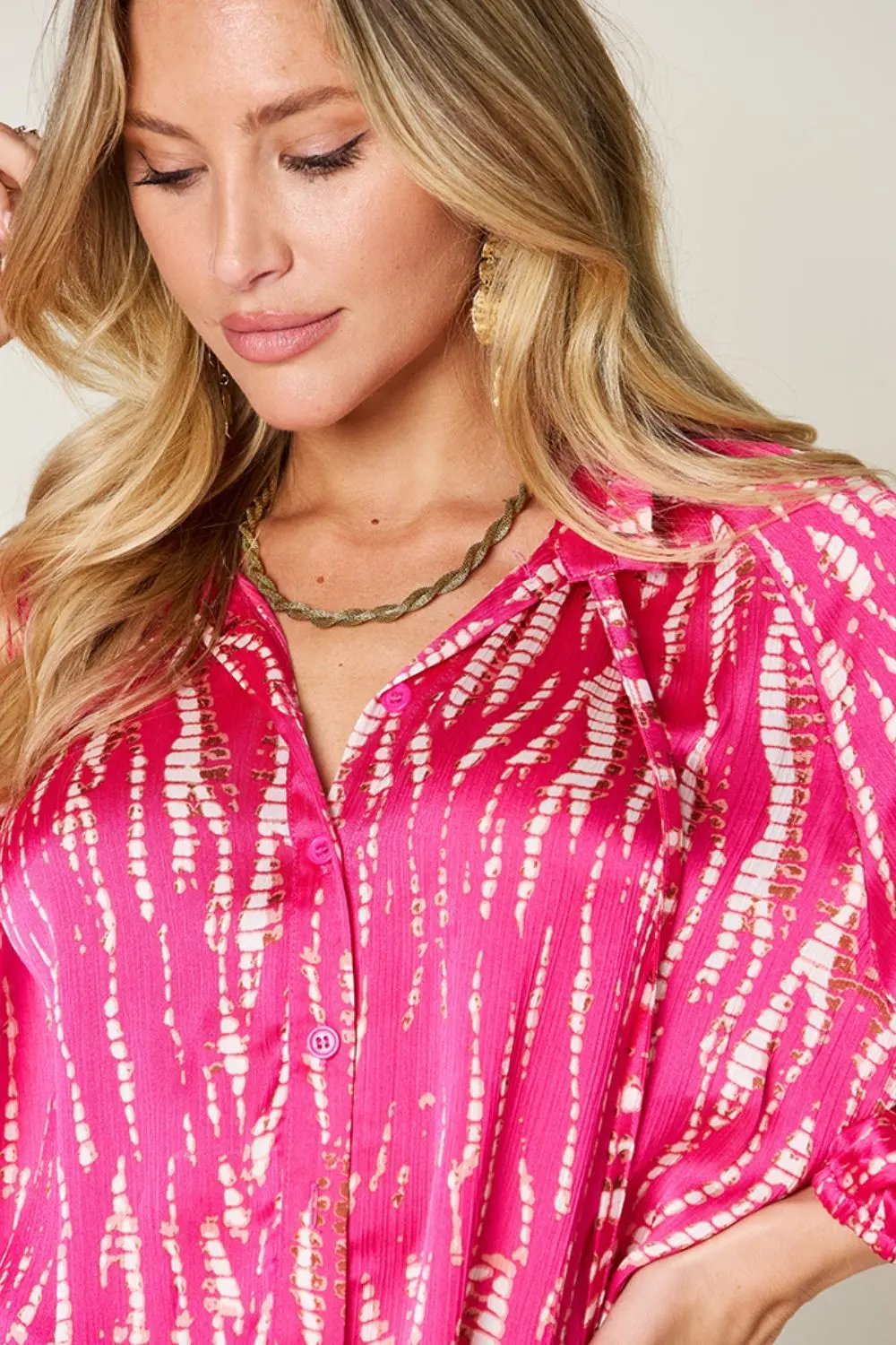 Double Take Full Size Printed Button Up Long Sleeve Shirt - Love Salve