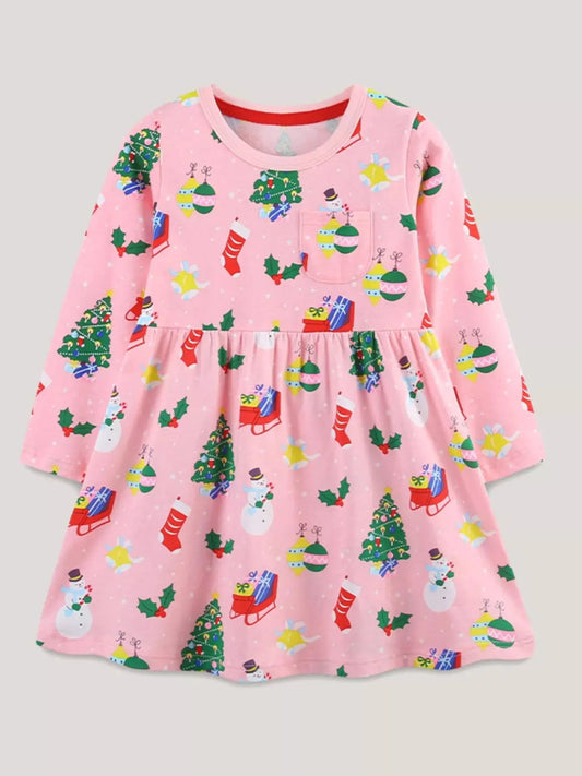 Children's Christmas Print Long Sleeve Casual Dress Simply Love