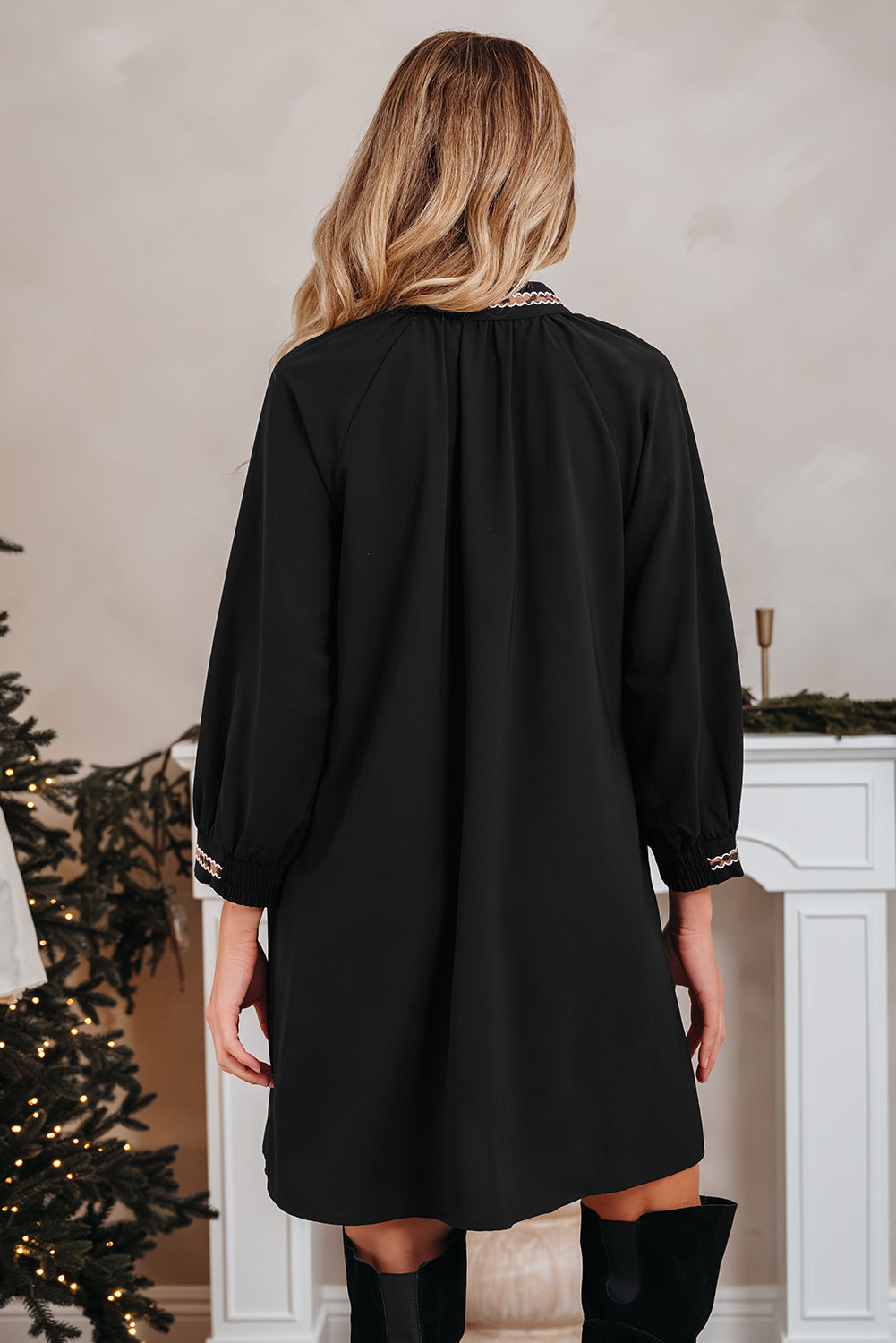 Black Contrast Trim V Neck Bracelet Sleeve Shift Mini Dress For Women Casual Party Wear Dear-Lover Dropshipping