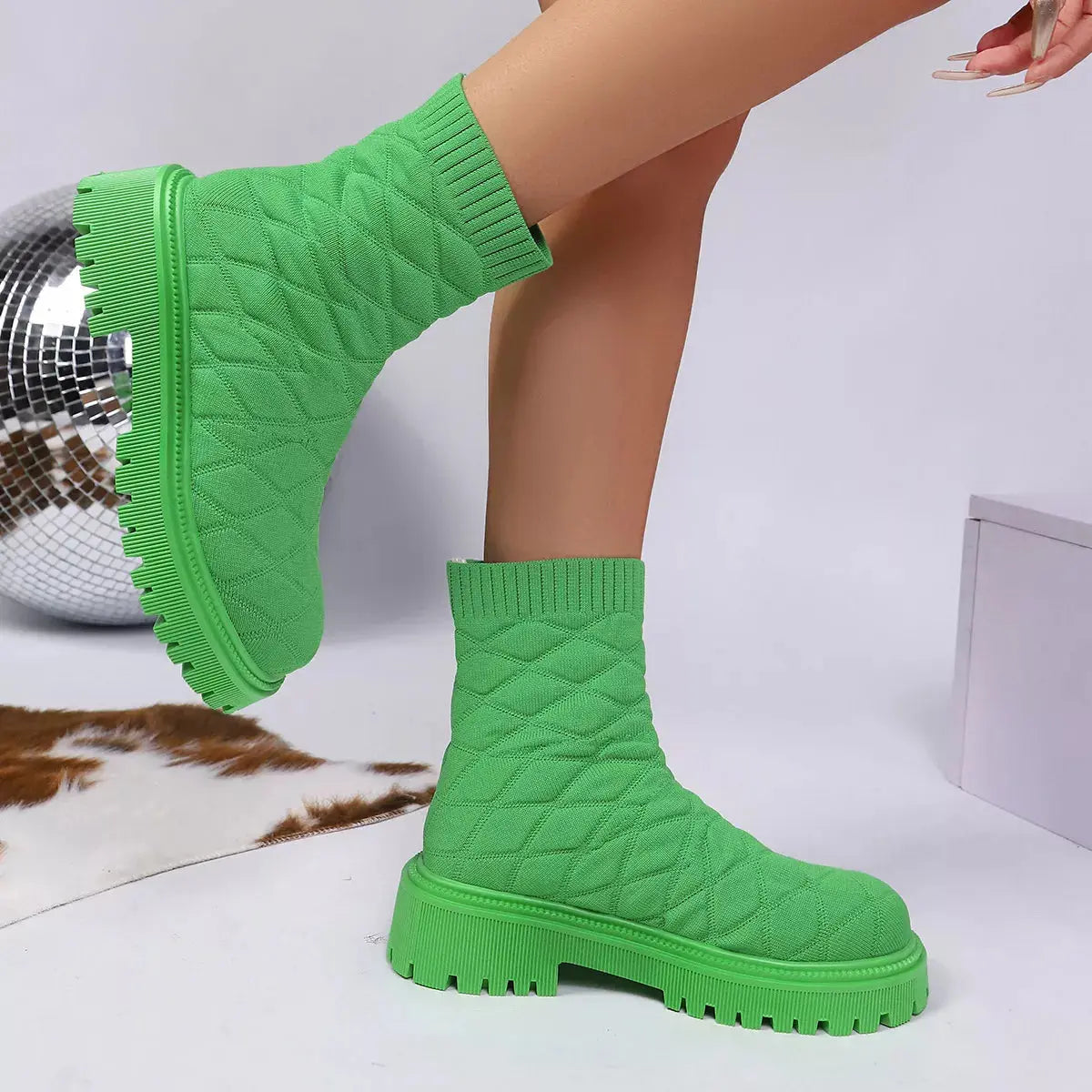 Black Knit Sock Boots With Round Toe And Low Heel Thick Lug Sole Simply Love