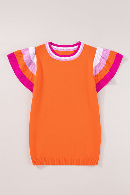 Carrot color block knitted sweater with flutter sleeves