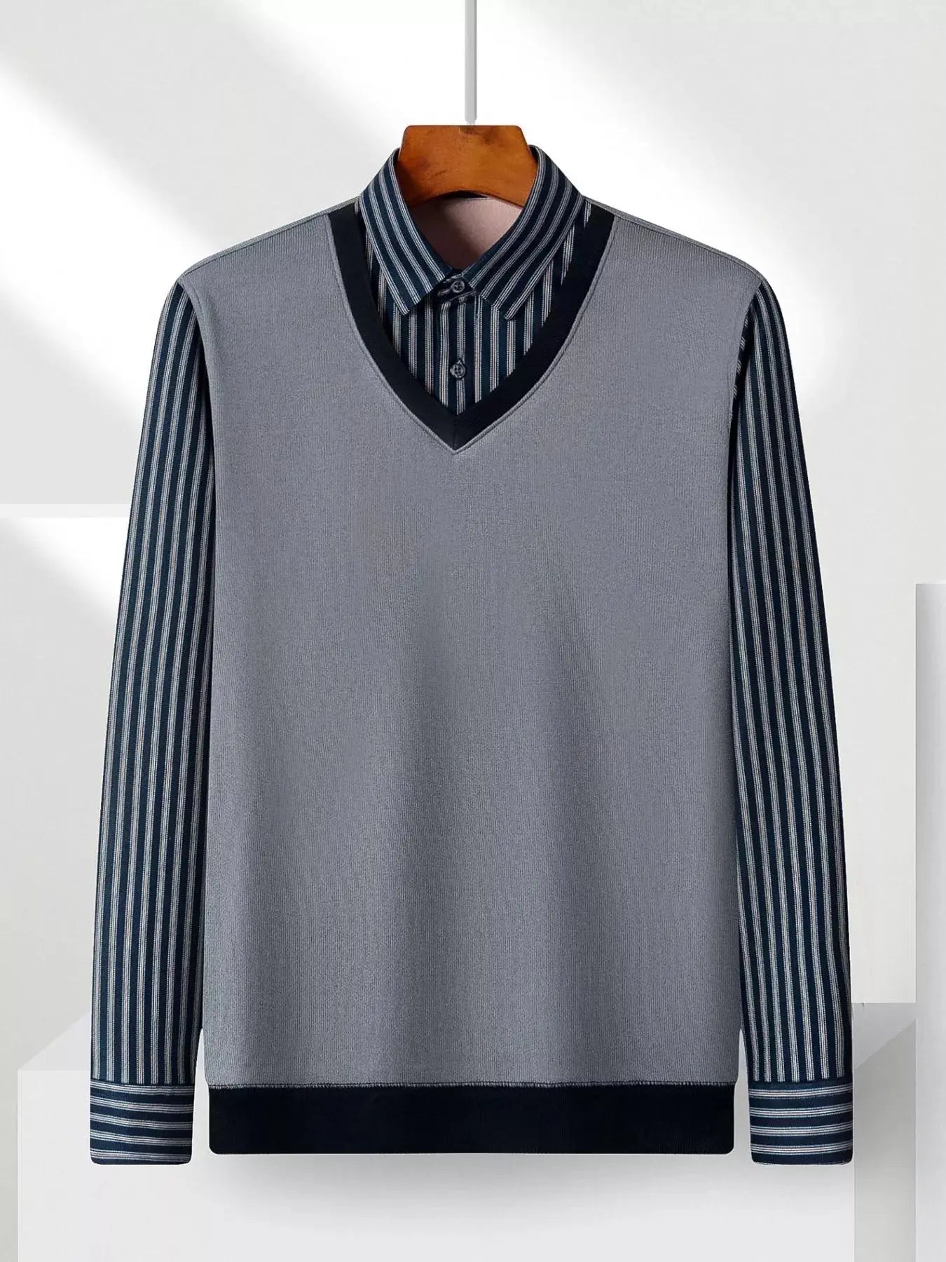 Men's Plus Size Striped Long Sleeve Fake Two Piece Knit Top Simply Love
