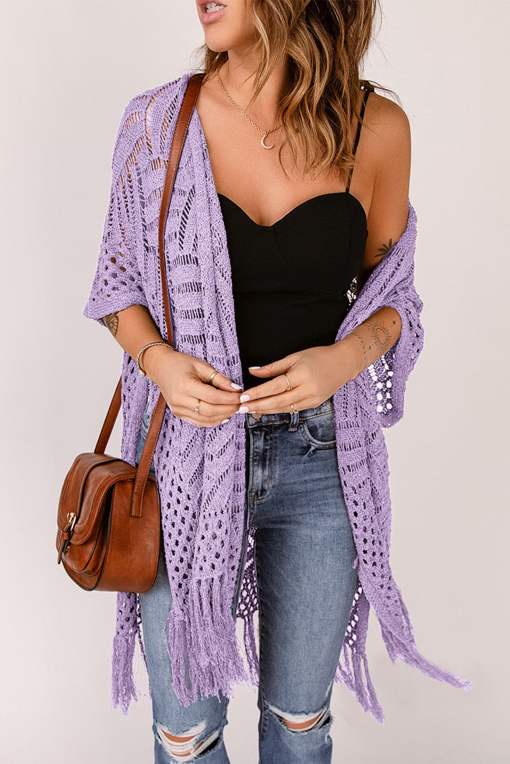 Openwork Open Front Cardigan with Fringes.