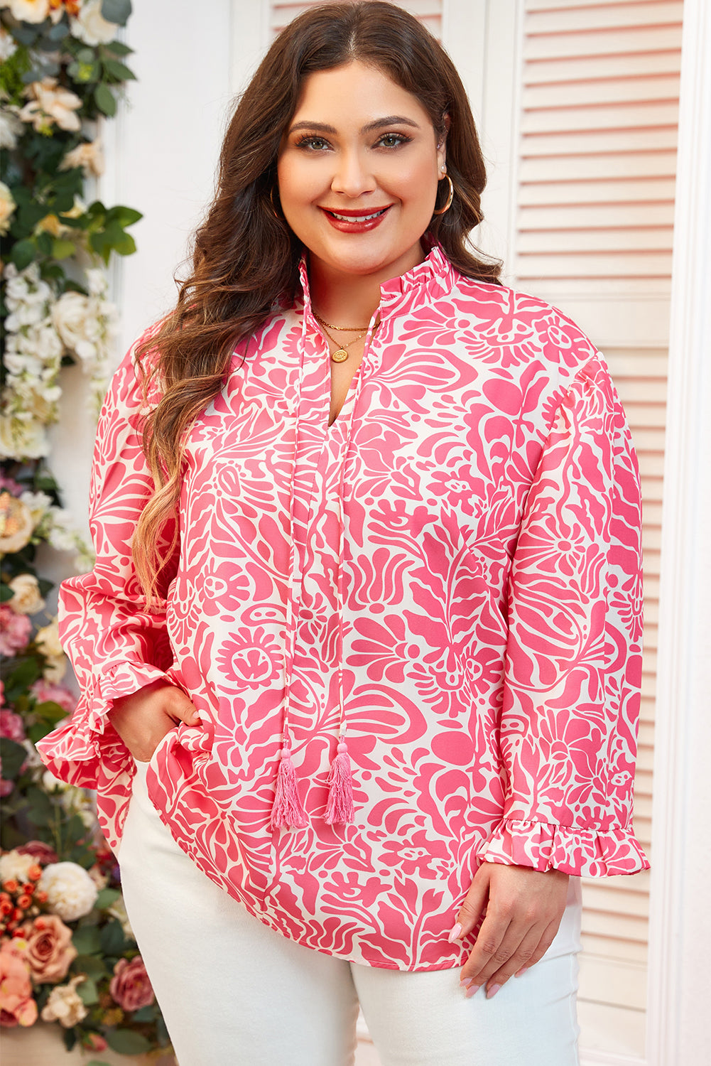 Chic pink plus size floral frill neck puff sleeve top