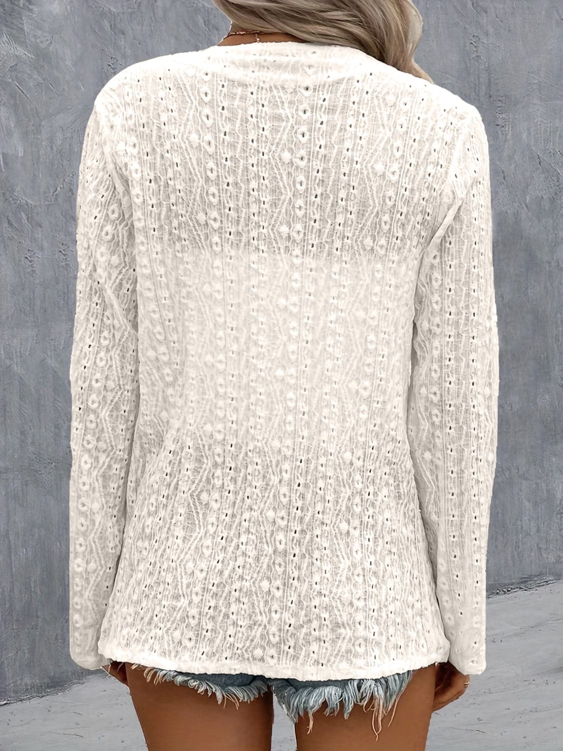 Eyelet Roll-Tab Sleeve Cardigan.