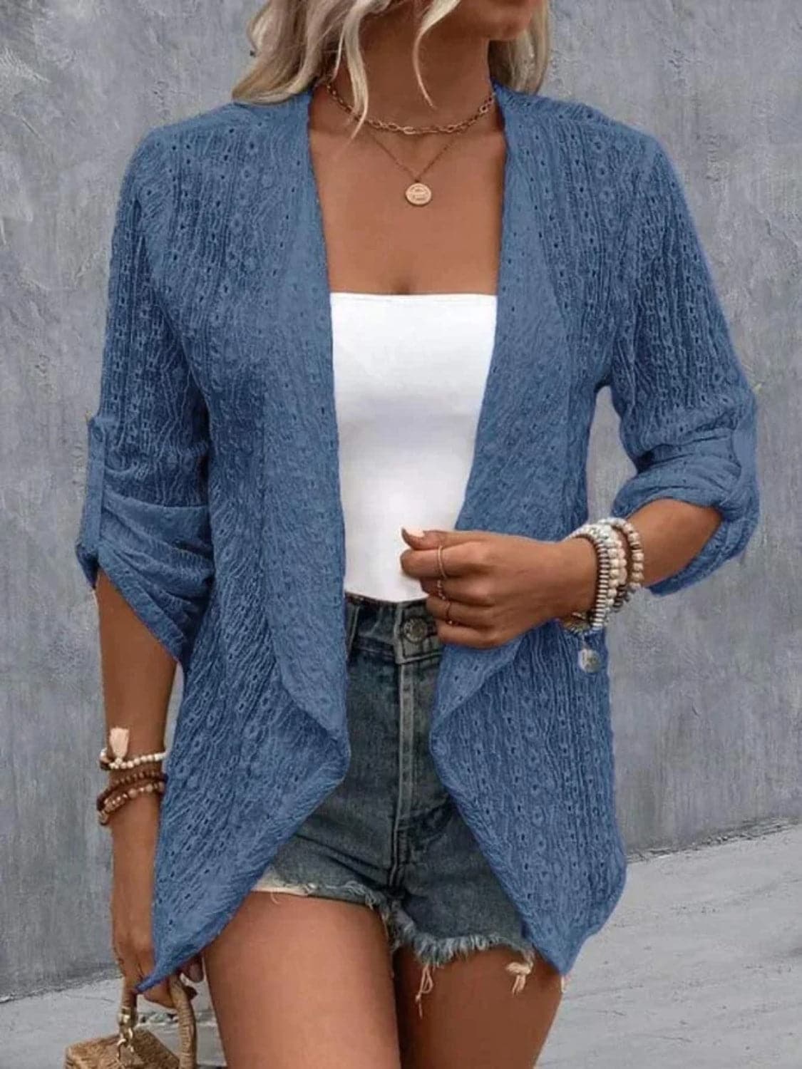 Eyelet Roll-Tab Sleeve Cardigan.