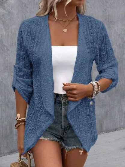 Eyelet Roll-Tab Sleeve Cardigan.