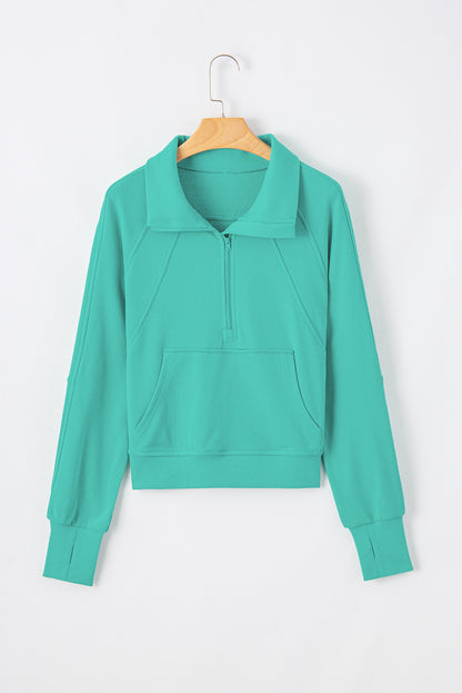 Aruba blue casual quarter zip sweatshirt with kangaroo pocket