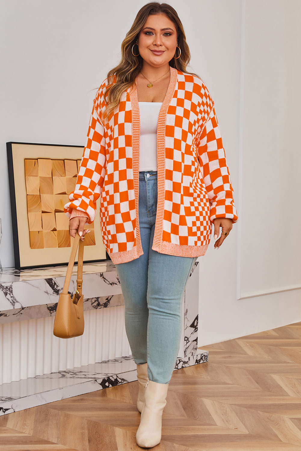 Orange Checkered Bubble Sleeve Drop Shoulder Open Cardigan Dear-Lover Dropshipping