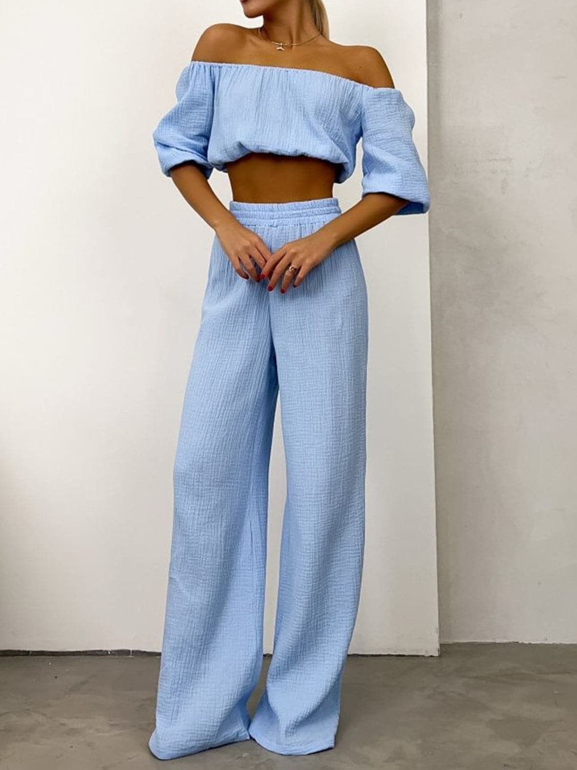 Off Shoulder Long Sleeve Top and Pants Set.