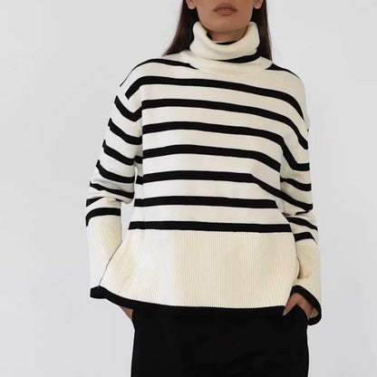 Striped Turtleneck Flare Sleeve Sweater.