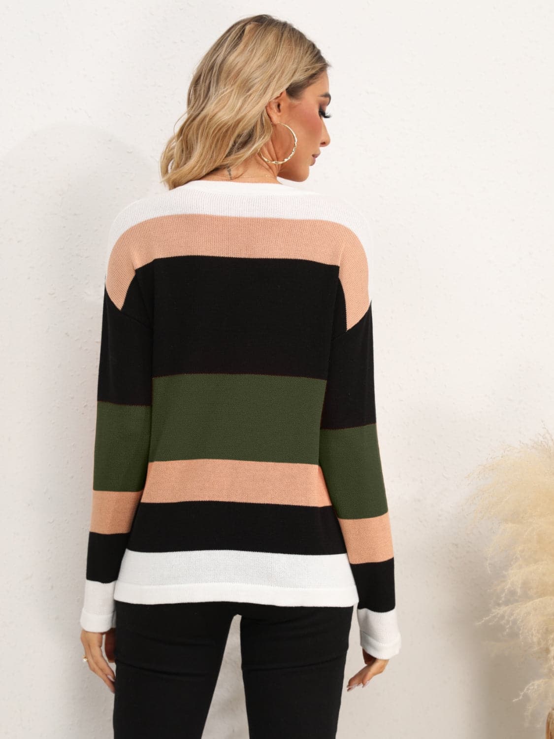 Striped Round Neck Dropped Shoulder Sweater.