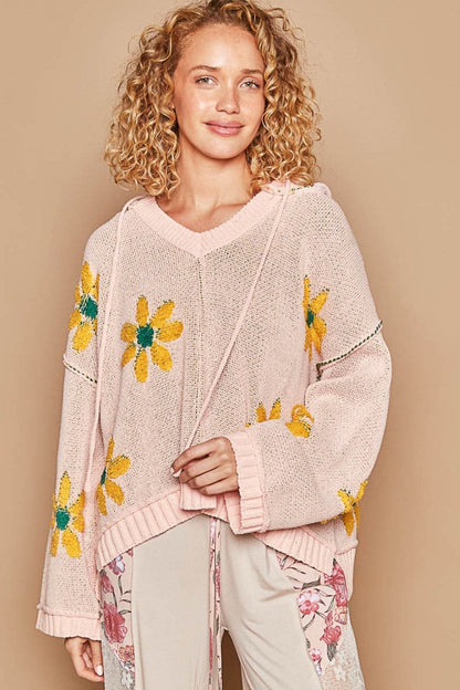 Floral hooded high-low sweater